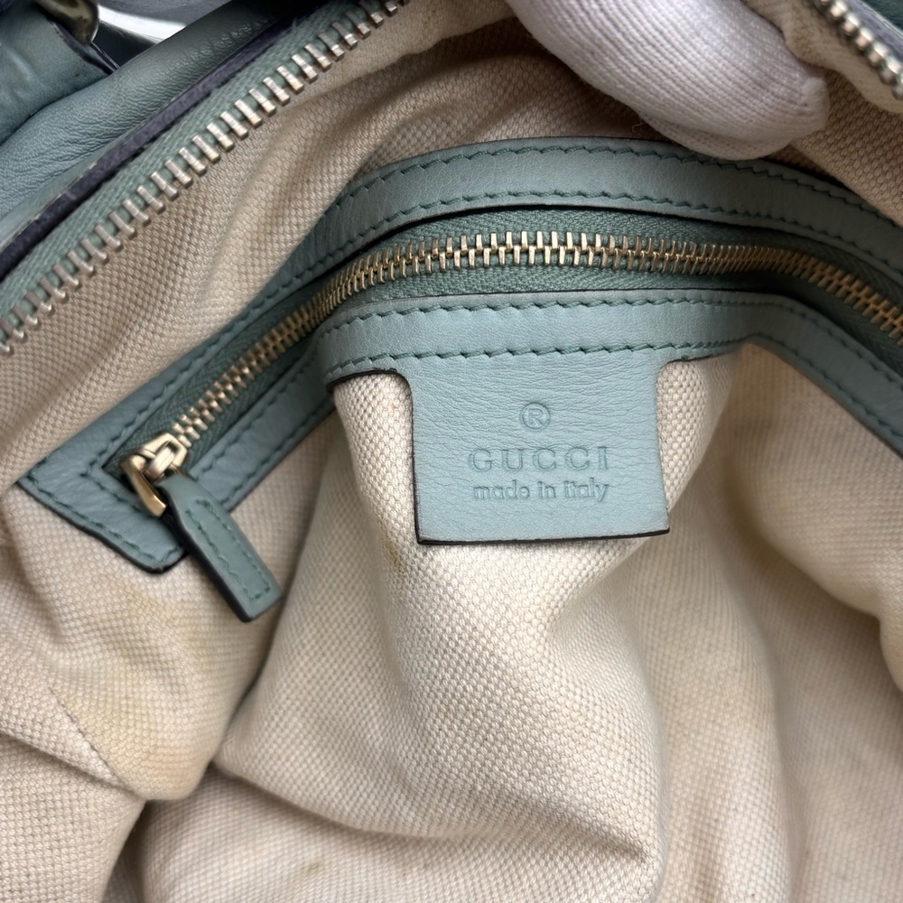 Gucci GG Embossed Leather Boston Bag Sage Green Gold Hardware - Picture 8 of 9